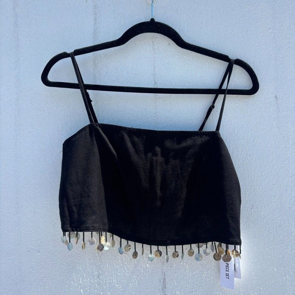 Jason Wu Black Crop Top Mother of Pearl Shell Fringe Linen Blend NWT Size 2